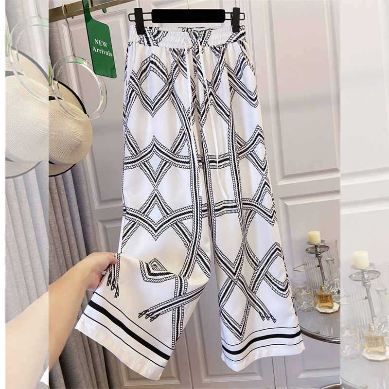 FA34010# 老钱风松弛感度假风垂感休闲裤夏季阔腿长裤亚麻印花裤子 服裝批發女裝批發服飾貨源