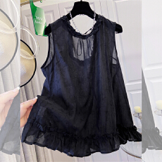 批发实拍高级感复古印花小心机露背无袖小衫女重工木耳边外穿马甲