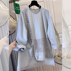 批发实拍2026年春新款米白色浪漫刺绣花边拼接套头斜门襟长袖衬衫