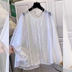 批发实拍高级感镂空蕾丝拼接苎麻长袖衬衫女<b class='q'>夏</b>季薄款气质法式小衫