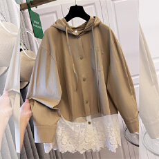 批发实拍现货高端欧货蕾丝拼接连帽衬衫女2025秋新款宽松衬衣外套上衣
