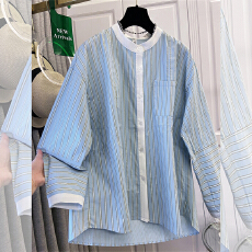 批发实拍2026早<b class='q'>秋</b>新款韩代撞色圆领长袖衬衫女内搭纯棉条纹打底衫