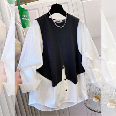 批发实拍长袖衬衫女2025<b class='q'>春</b>秋新款胖妹妹设计感小众马甲拼接假两件上衣