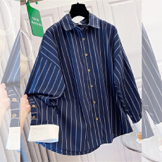 批发实拍长袖衬衫2026春新款胖妹妹宽松设计感小众条纹上衣衬衣高级感