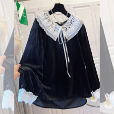 批发实拍胖MM加肥<b class='q'>蕾丝</b><b class='q'>披肩</b>领长袖上衣大码女装韩版小众设计百搭小衫