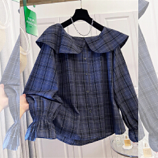 批发实拍格子衬衫女秋季2025新款<b class='q'>韩版</b>时尚娃娃领单排扣长袖复古上衣潮