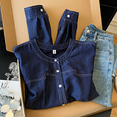 批发实拍高级感ins风春秋季新品明线装饰<b class='q'>宽松</b>拼接大码圆领长袖上衣