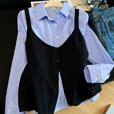 批发实拍春秋新款高级感针织吊带+条纹长袖衬衫两件套女装<b class='q'>宽松</b>套装潮