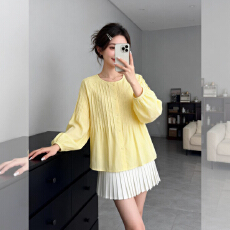 批发设计感褶皱甜美百搭黄色衬衫上衣女装春<b class='q'>秋</b>新款胖妹妹大码宽松衬衣
