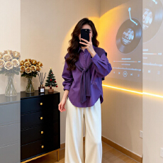 批发长袖衬衫女2026春<b class='q'>秋</b>新款胖妹妹独特超好看紫色针织披肩上衣高级感