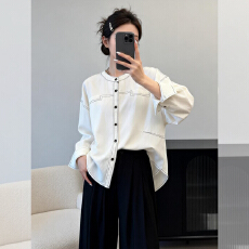 批发春秋季新品明线装饰宽松拼接大码圆领衬衫女高级感ins风百搭长袖