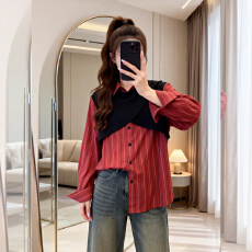 批发长袖衬衫女2026春<b class='q'>秋</b>新款胖妹妹设计感小众条纹拼接上衣衬衣高级感