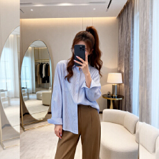 批发2026新款蓝白条纹衬衫女春<b class='q'>秋</b>韩系慵懒风宽松休闲百搭衬衣长袖上衣