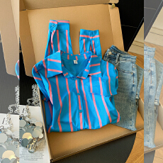 批发实拍韩版春<b class='q'>秋</b>新款洋气条纹衬衫女宽松中长款显瘦大码衬衣外套百搭