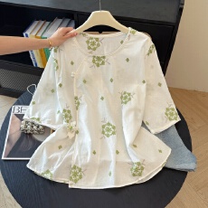 批发新中式重工绣球花苎麻衬衫女夏高级感轻薄透气圆领五分袖茶服上衣