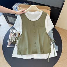 批发2026<b class='q'>假两件</b><b class='q'>衬衫</b>女短袖轻奢高级感宽松轻薄超火叠穿上衣夏