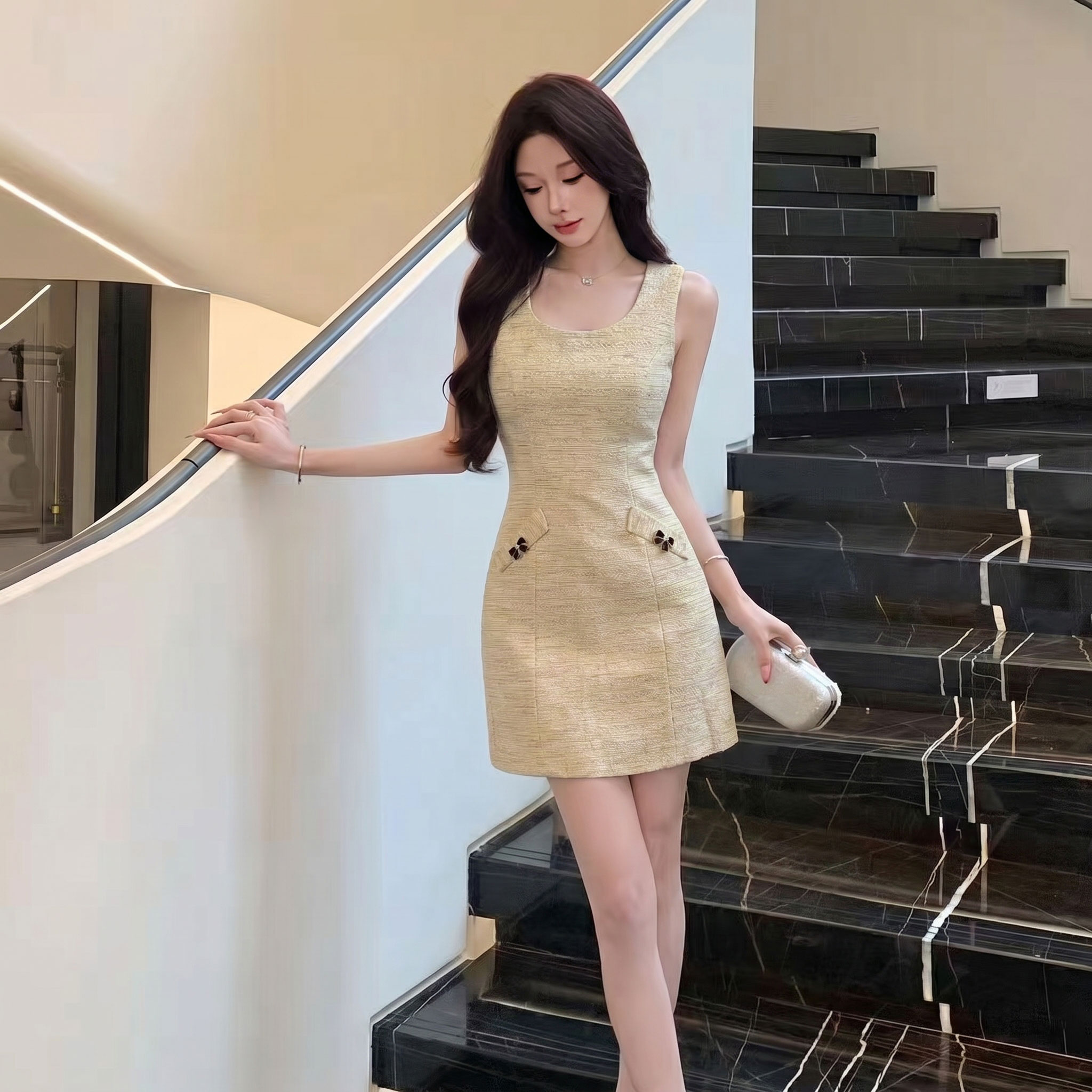 RY5805# 品质法式千金小香风连衣裙收腰方领无袖带口袋短裙子
