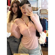 批发<b class='q'>大码</b>胖MM粉色纽扣半开领长袖T恤女2025新款早秋季内搭打底衫上衣