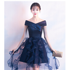 批发晚礼服女时尚宴会高贵<b class='q'>一字领</b>简单大方气质小个子短连衣裙