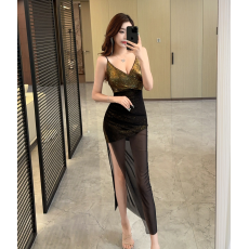 批发 实拍性感长款高开衩礼服吊带连衣裙