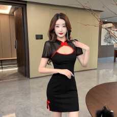 批发实拍改良旗袍连衣裙女<b class='q'>夏</b>网纱拼接性感修身包臀短裙