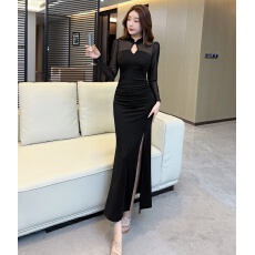 批发 实拍改良长旗袍网纱透视袖开叉修身显瘦气质长款裙晚礼服