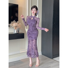 批发 实拍新中式复古改良版旗袍新款植绒烧花长袖修身鱼尾连衣裙