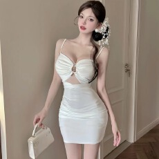 批发 实拍辣妹挂脖镂空性感紧身包臀镂空纯色连衣裙女