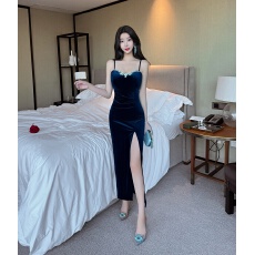 批发 实拍轻熟气质秋冬新款宴会礼服丝绒镶钻中长款修身吊带裙