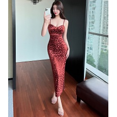 批发 实拍金丝绒长款豹纹吊带打底气质修身显瘦礼服连衣裙