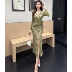 批发 实拍法式v领收腰名媛气质两件套碎花裙网纱连衣裙