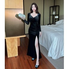 批发  实拍法式优雅气质名媛轻奢晚礼服长裙收腰开叉金丝绒连衣裙