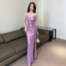 批发 实拍名媛时尚低胸性感内搭吊带裙气质修身开叉晚礼服长裙