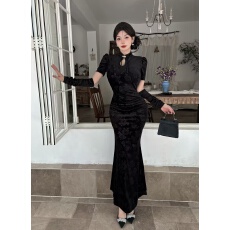 批发 实拍新中式金丝绒改良旗袍提花短袖连衣裙国风包臀裙带袖子