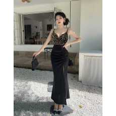 批发 实拍重工亮片丝绒吊带连衣裙 秋冬内搭修身开叉包臀打底长裙