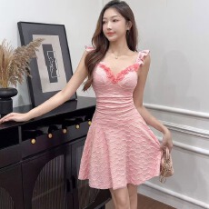 批发实拍色蕾丝肌理方领<b class='q'>无袖</b>修身显瘦基础A字吊带<b class='q'>连衣裙</b>