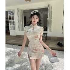 批发实拍弹力改良旗袍包臀<b class='q'>露背</b>短款打底金丝绒印花<b class='q'>连衣裙</b>