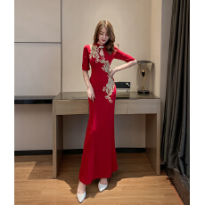 批发实拍精致敬酒礼服改良旗袍<b class='q'>秋</b>新款立领五分袖收腰包臀连衣裙