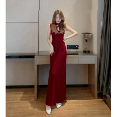 批发实拍气质名媛刺绣复古改良旗袍晚礼服修身显瘦包臀开叉鱼尾裙