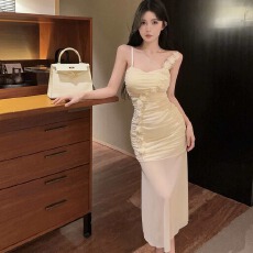 批发 实拍实拍浪漫紫罗兰花朵吊带连衣裙长裙夏