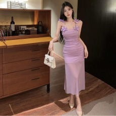 批发 实拍长款花朵拼接网纱吊带打底连衣裙