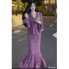 批发 网红时尚御姐穿搭纯欲赫本风名媛蕾丝鱼尾套装