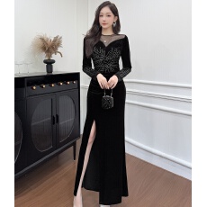 批发 实拍黑色法式高级感礼服吊带丝绒开叉连衣裙