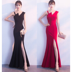 批发 斜肩长裙新款高贵优雅性感长款鱼尾红色结婚晚礼服裙