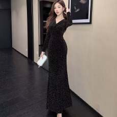 批发实拍秋季时尚印花v领<b class='q'>长裙</b>包臀连衣裙洋装<b class='q'>礼服</b>