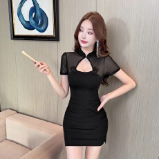 批发 实拍性感高级气质改良旗袍短袖连衣裙修身显瘦包臀短裙