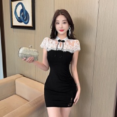 批发 实拍新中式国风蕾丝拼接短袖修身旗袍