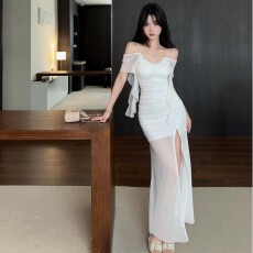 批发 实拍纯欲辣妹风花朵不规则度假长裙开叉荷叶边连衣裙女