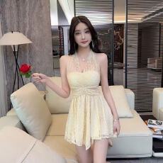 批发 实拍夜色迷离收腰显瘦纯欲挂脖露背蕾丝裙