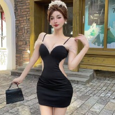 批发 实拍性感网纱拼接落肩袖包臀短款打底连衣裙